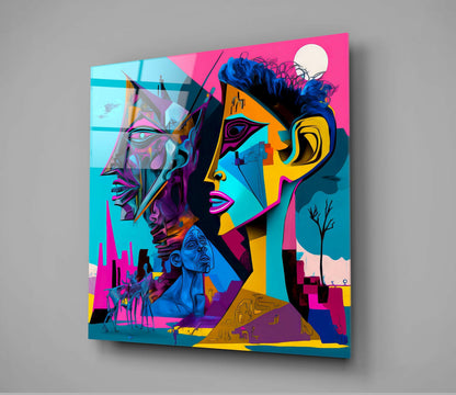 Masked Cubist Faces Cityscape Glass Wall Art