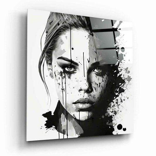 Black and White Ink Splash Woman Face Glass Wall Art