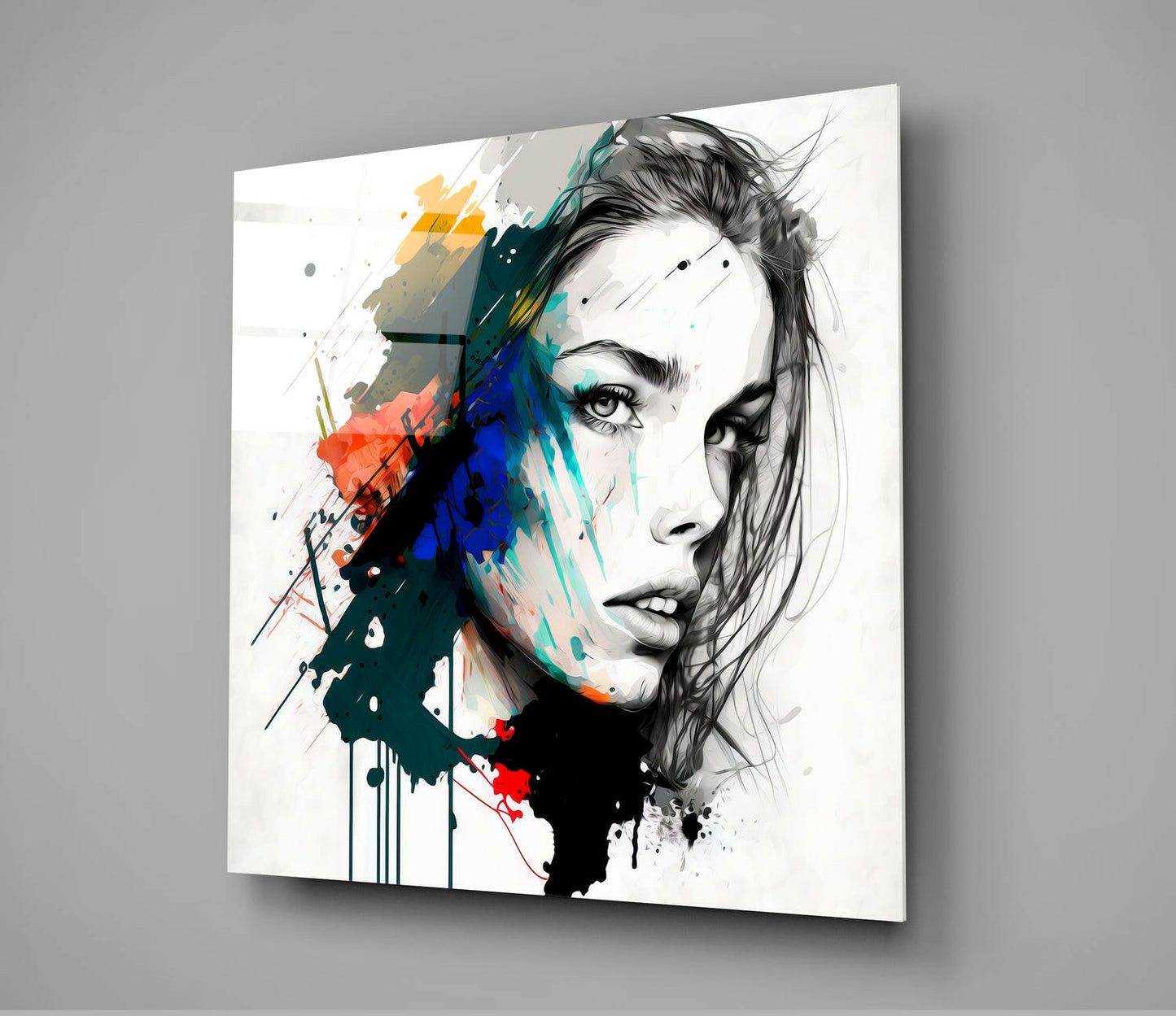 Rainbow Paint Smear Woman Face Glass Wall Art