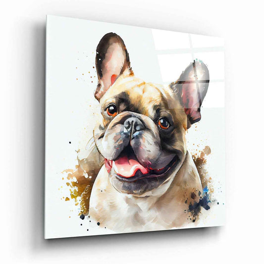Smiling Cream Bulldog Watercolor Glass Wall Art