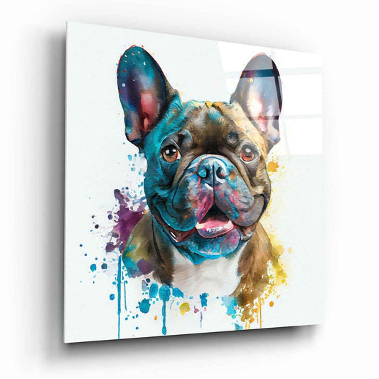 Splatter Watercolor Blue Bulldog Glass Wall Art
