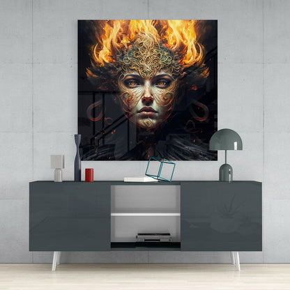 Flame Crowned Filigree Woman Glass Wall Art