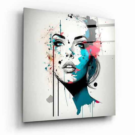 Turquoise Ink Drip Woman Face Glass Wall Art