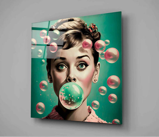 Green Bubble Gum Balloons Woman Glass Wall Art