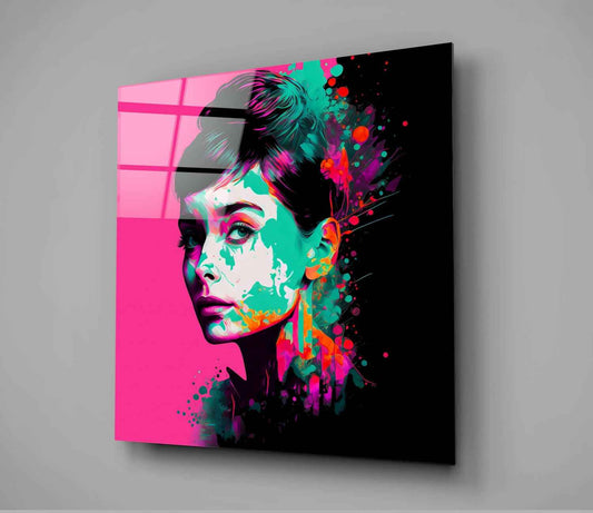 Hot Pink Neon Woman Portrait Glass Wall Art