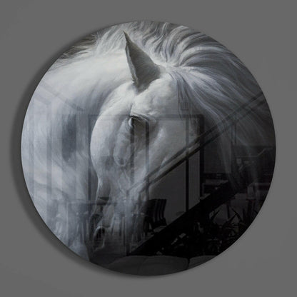 Bowed White Horse Circle Glass Wall Art