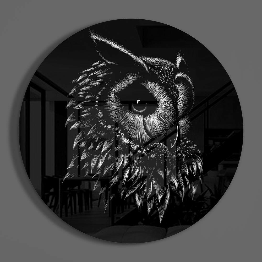 Black White Owl Sketch Glass Wall Art