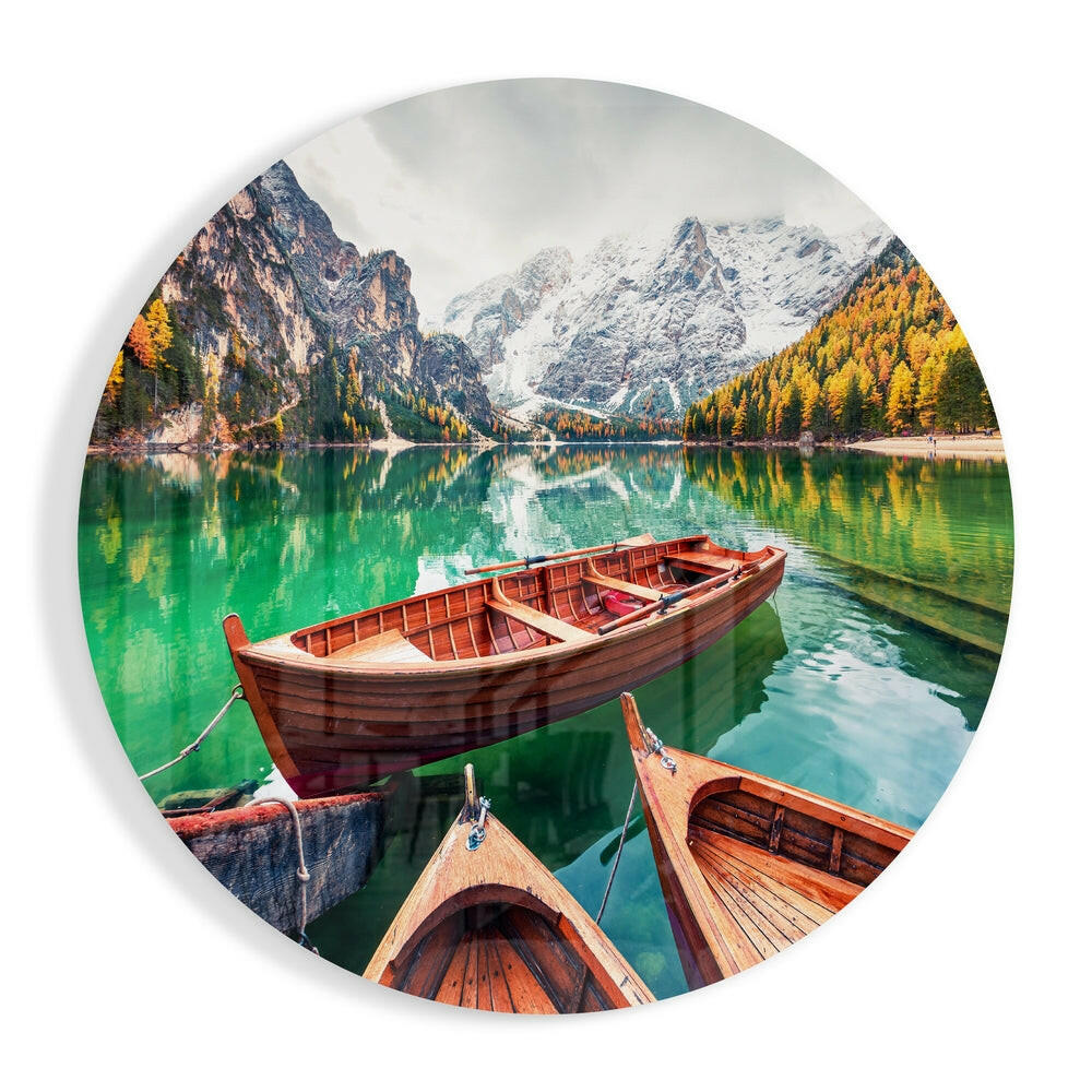 Wooden Boats Emerald Alpine Lake Glass Wall Art