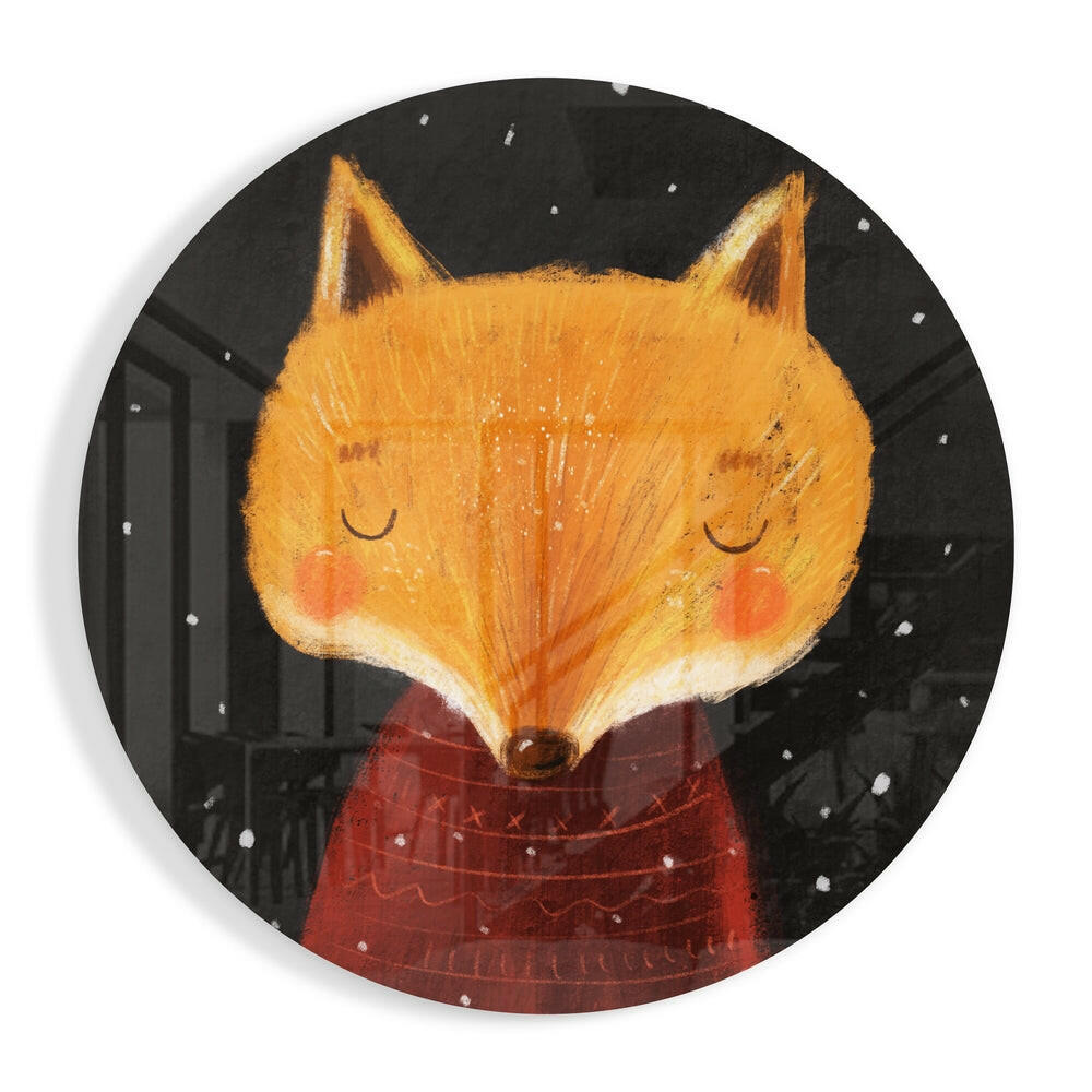 Sleepy Fox in Red Sweater Snowy Night Glass Wall Art