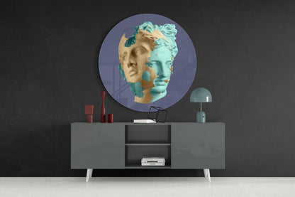 Split Mint and Beige Statue Head Glass Wall Art