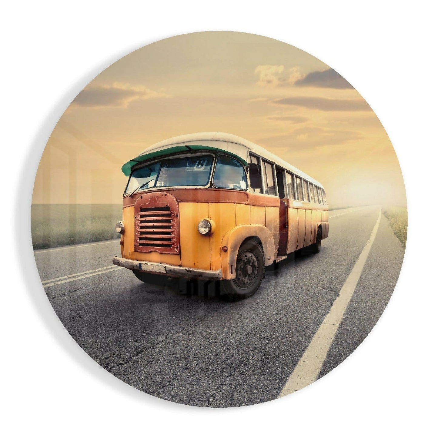 Round Classic Bus Country Road Glass Wall Art