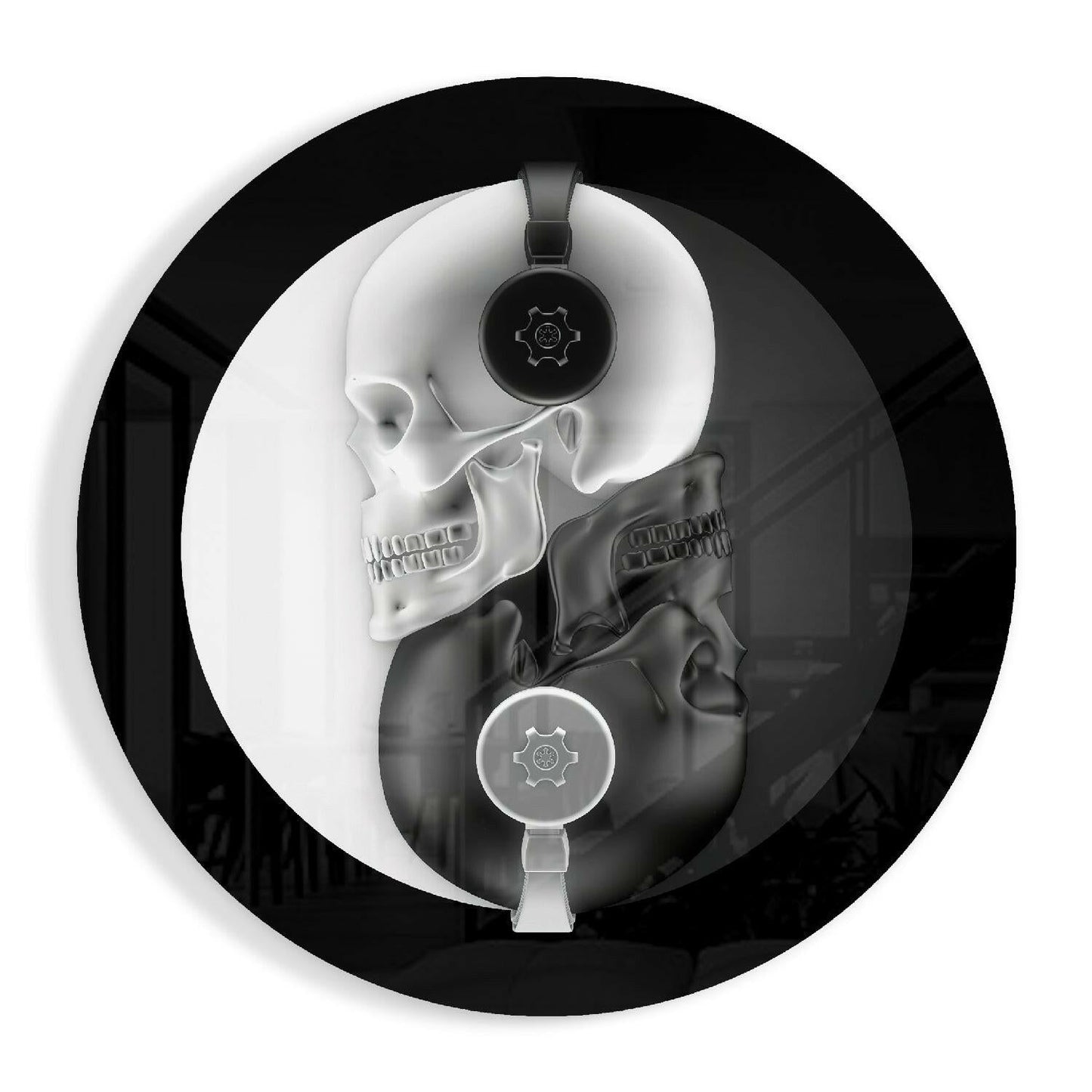 Round Monochrome Skull Headphones Glass Wall Art