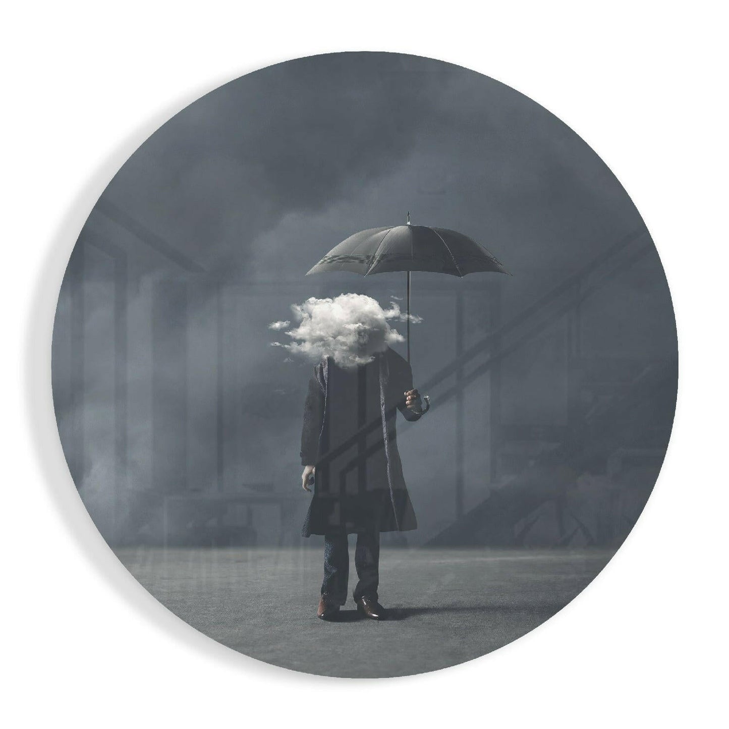 Round Cloud Head Man In Gray Mist Glass Wall Art