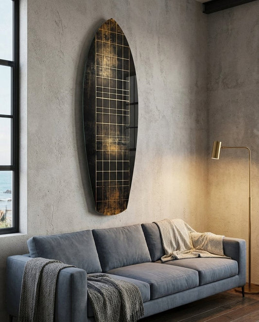 Yellow Line Grid Weathered Surfboard Glass Wall Art