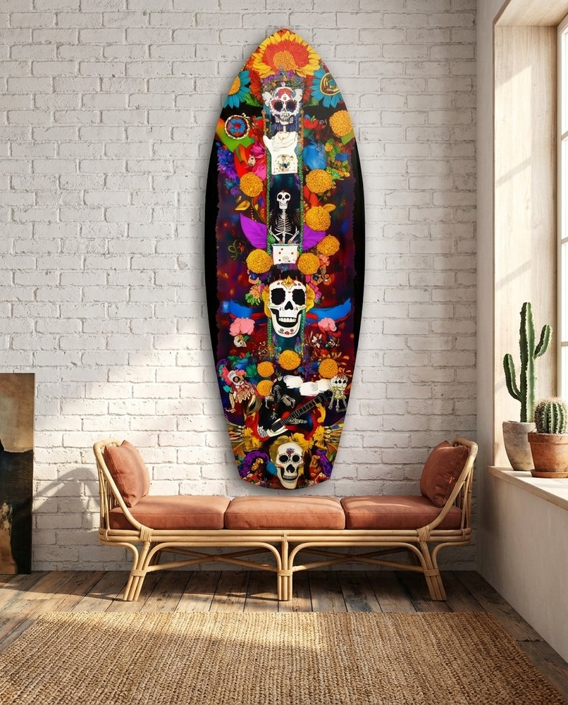 Floral Skull Totem With Guitar Glass Wall Art