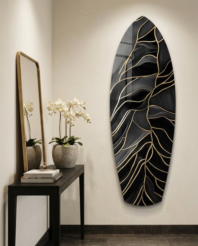 Surfboard Shaped Leaf Vein Golden Waves Glass Wall Art