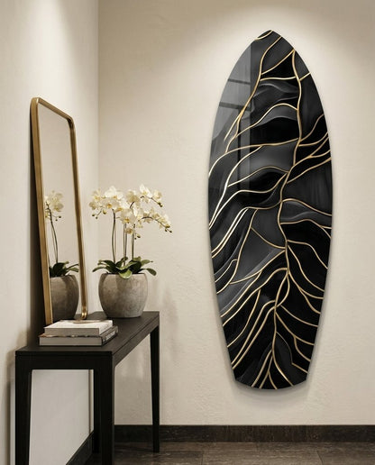 Surfboard Shaped Leaf Vein Golden Waves Glass Wall Art