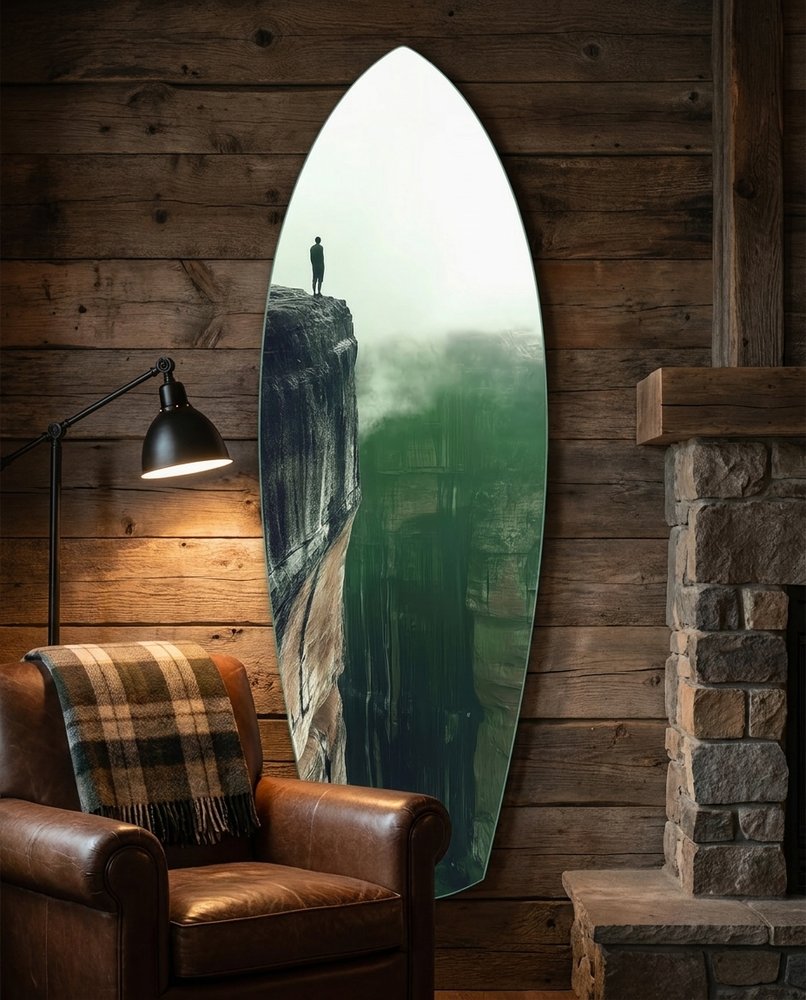 Green Mist Cliff Edge Lone Figure Glass Wall Art