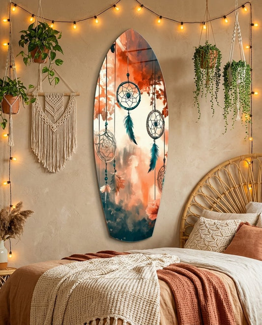 Orange Teal Dreamcatcher Surfboard Glass Wall Art