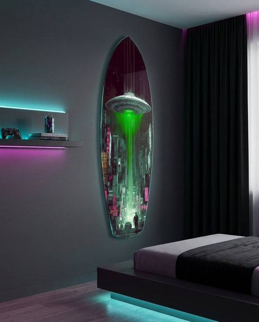 Green Beam UFO Over Neon City Glass Wall Art