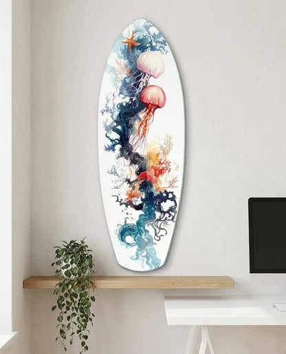 Jellyfish Coral Reef Surfboard Glass Wall Art