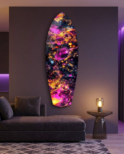 Magenta Gold Cosmic Bubbles Surfboard Glass Wall Art