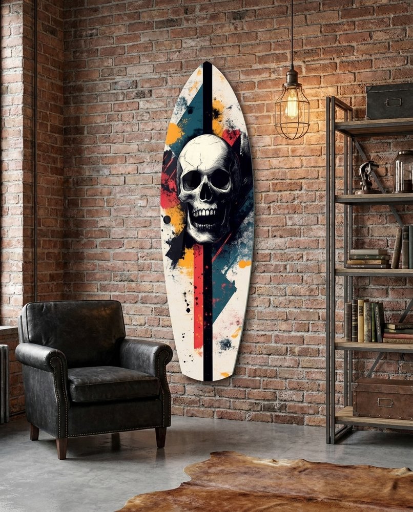 Grunge Surfboard Skull Glass Wall Art