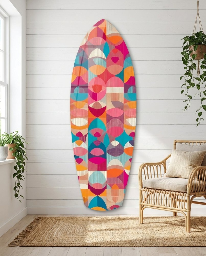 Pink Geometric Circles Surfboard Glass Wall Art