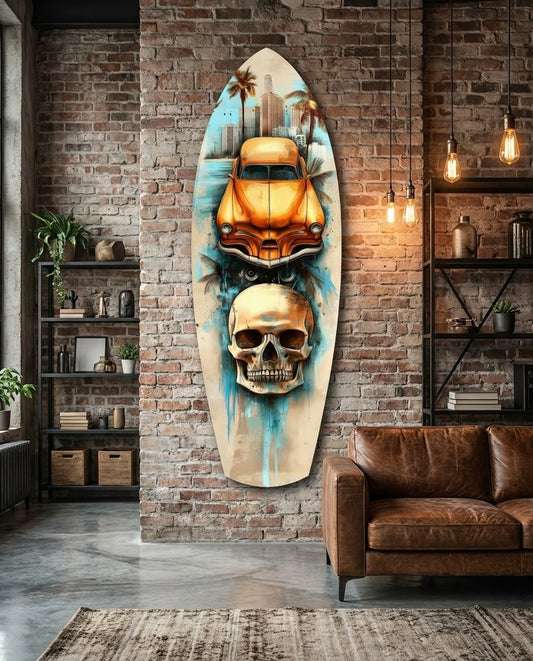 Retro Rides Rebel Skulls Glass Wall Art