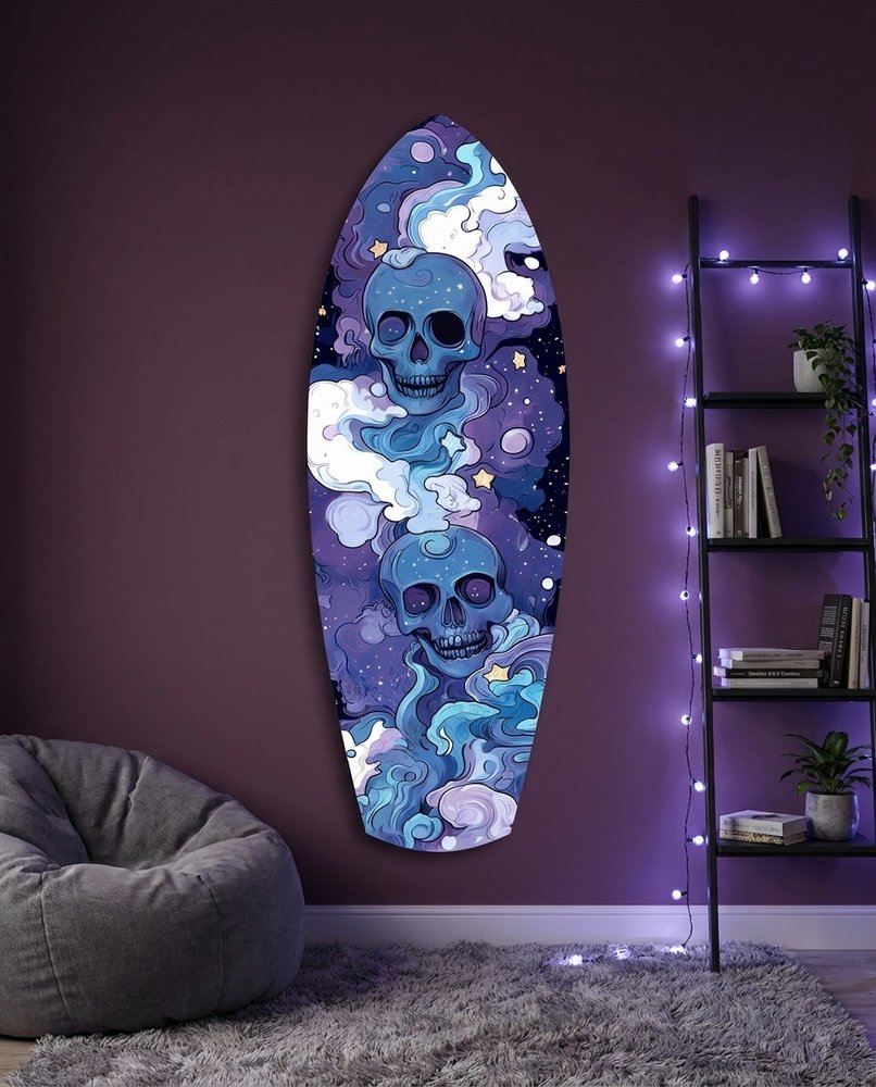 Indigo Cloud Skulls Surfboard Glass Wall Art