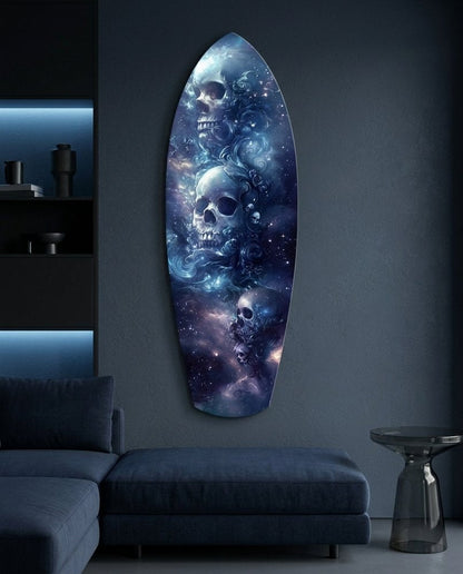 Cosmic Nebula Skulls Surfboard Glass Wall Art