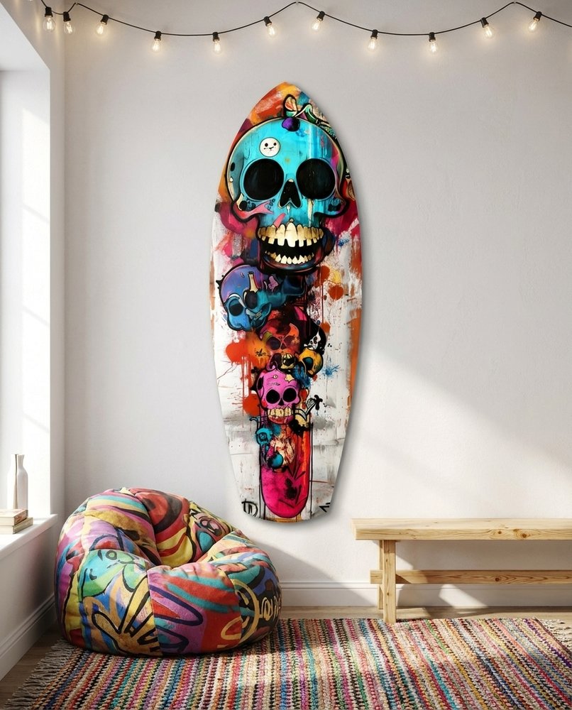 Turquoise Grin Skull Graffiti Surfboard Glass Wall Art
