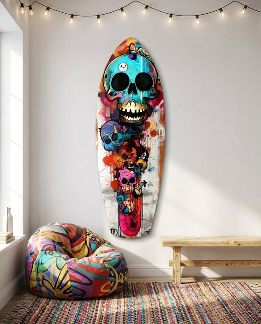 Turquoise Grin Skull Graffiti Surfboard Glass Wall Art