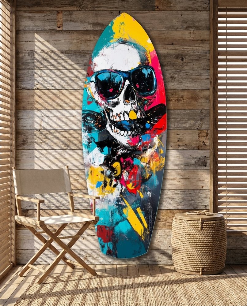Sunglasses Skull Splatter Surfboard Glass Wall Art