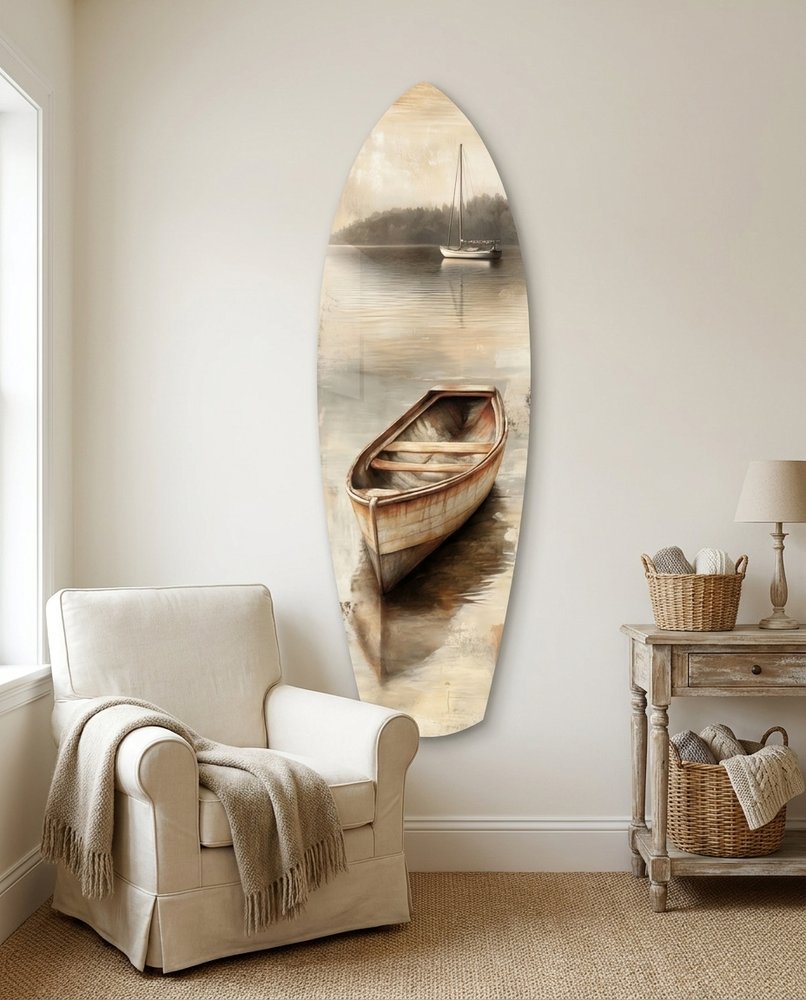 Beige Canoe and Distant Sailboat Glass Wall Art
