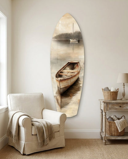 Beige Canoe and Distant Sailboat Glass Wall Art