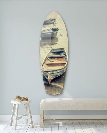 Moored Rowboats on Misty Shore Glass Wall Art