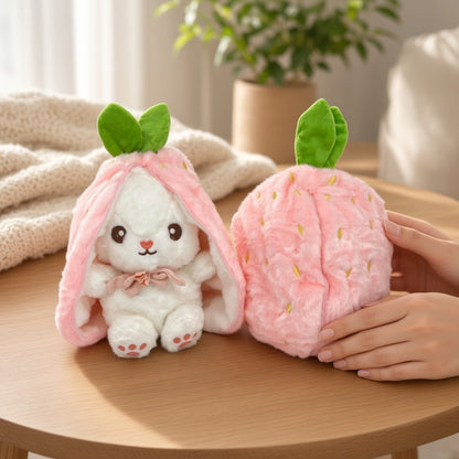 Reversible Strawberry Bunny Plush Toy Soft Polyester Stuffed Animal for Kids Hide and Seek Transforming Toy