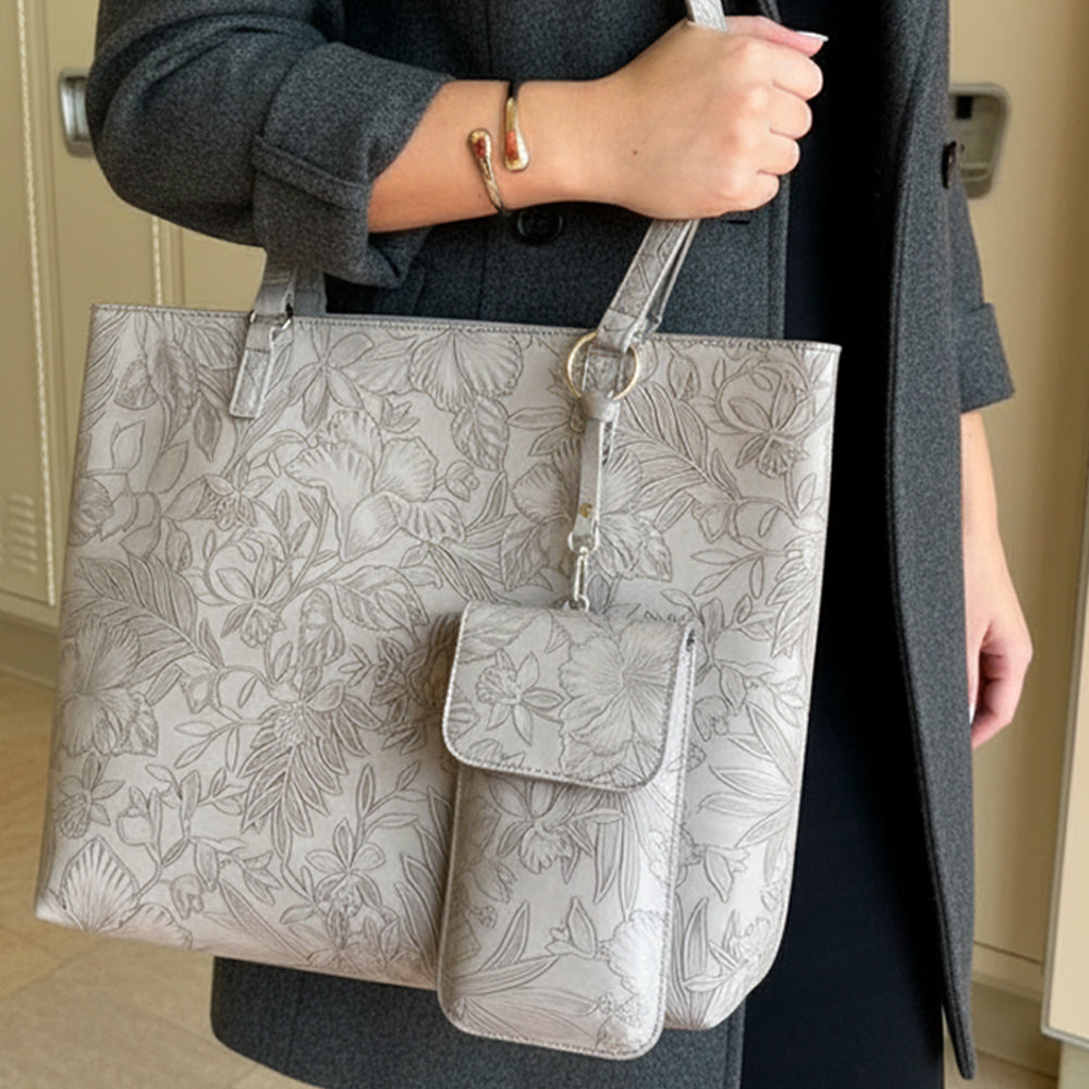 Premium Floral Tote Bag Vegan Leather Large With Crossbody Pouch