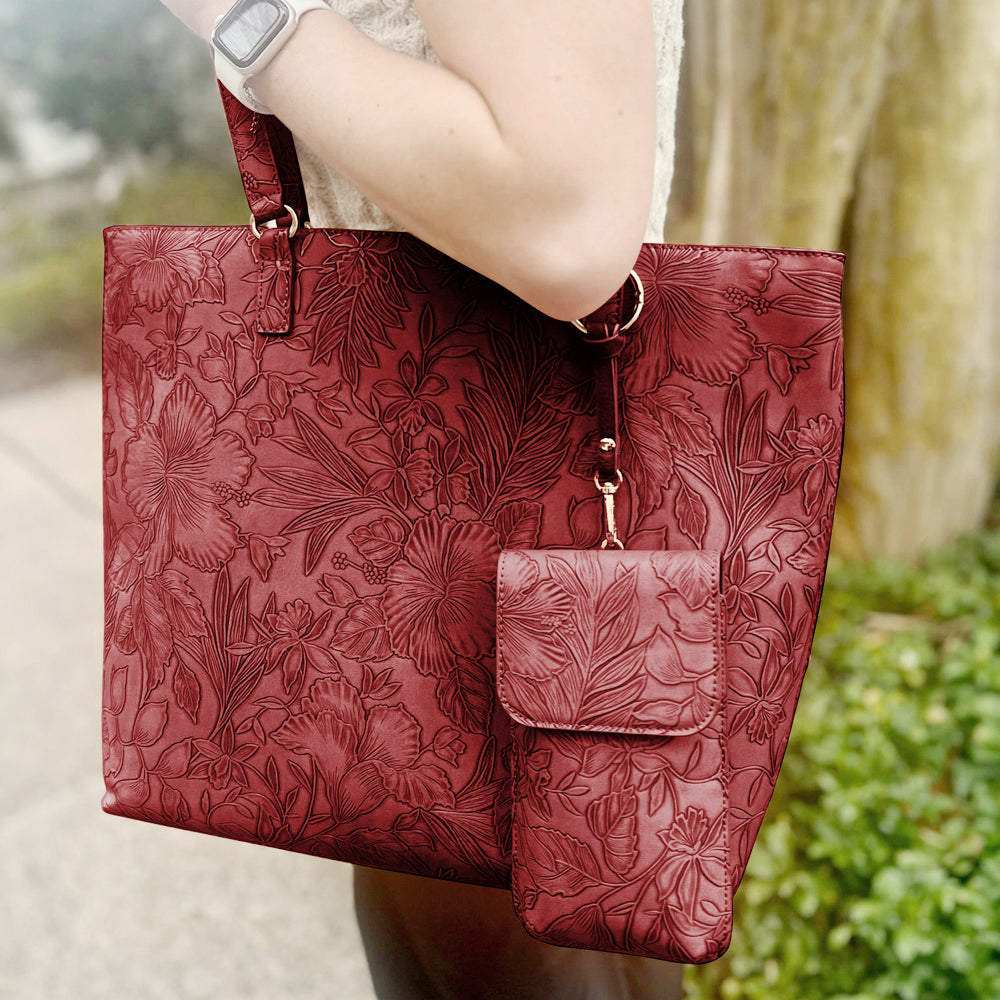 Premium Floral Tote Bag Vegan Leather Large With Crossbody Pouch