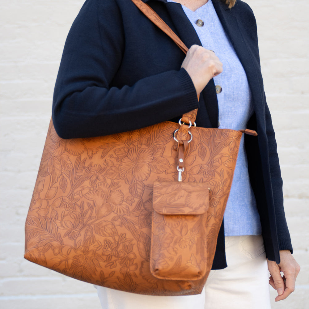 Premium Floral Tote Bag Vegan Leather Large With Crossbody Pouch