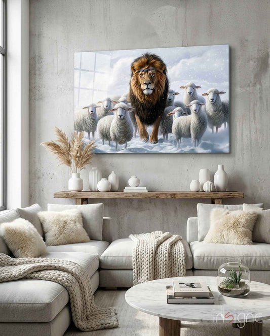 The Lion and the Lambs: Snowy Kingdom Glass Wall Art || Designer Collection