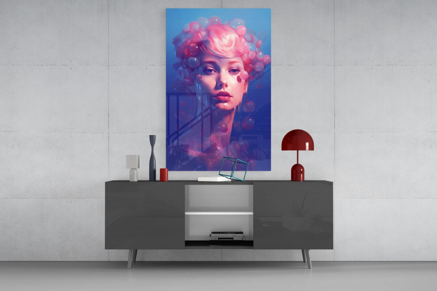 Pink Hair Dripping Bubbles Woman Glass Wall Art