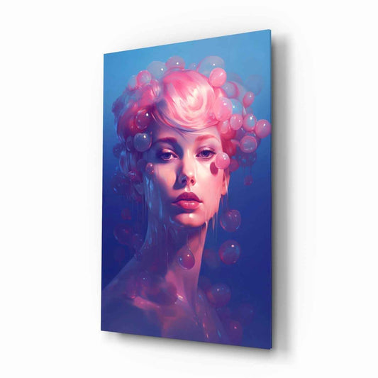 Pink Hair Dripping Bubbles Woman Glass Wall Art