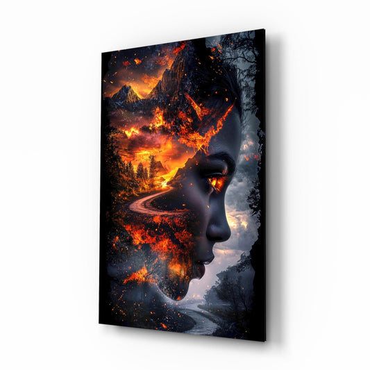 Fiery Valley Double Exposure Face Glass Wall Art