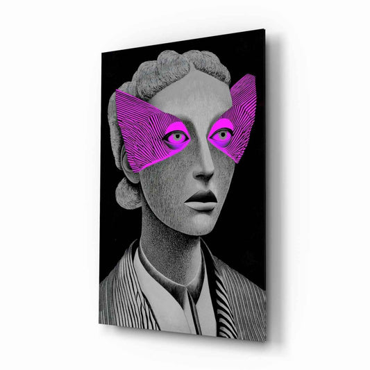 Grayscale Portrait Magenta Eye Mask Glass Wall Art