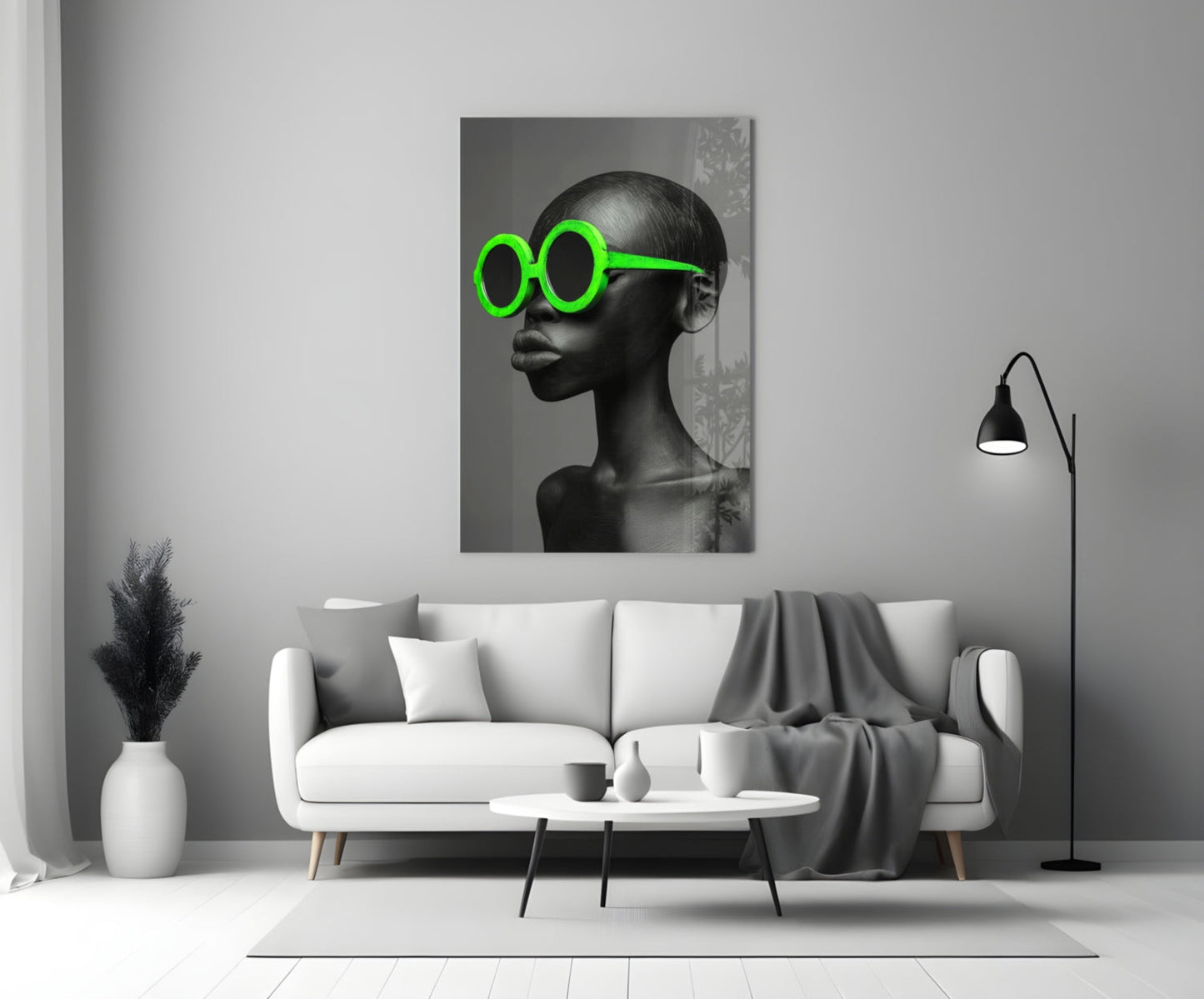 Neon Green Round Sunglasses Gray Portrait Glass Wall Art