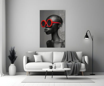 Red Round Sunglasses Gray Portrait Glass Wall Art