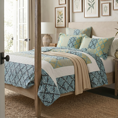 Tache Damask Ornate Baroque Teal Turquoise Blue Green Scalloped Quilt Set (SD-3300)