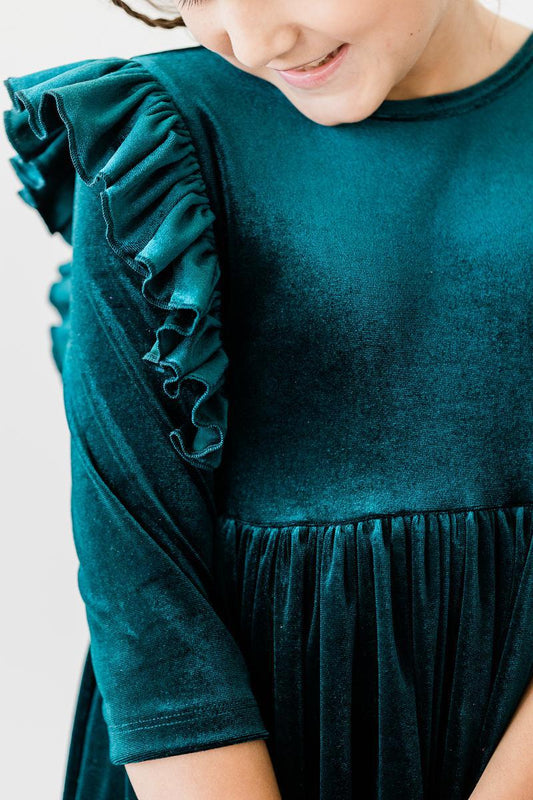 Teal Velvet Ruffle Twirl Dress - Shaketea